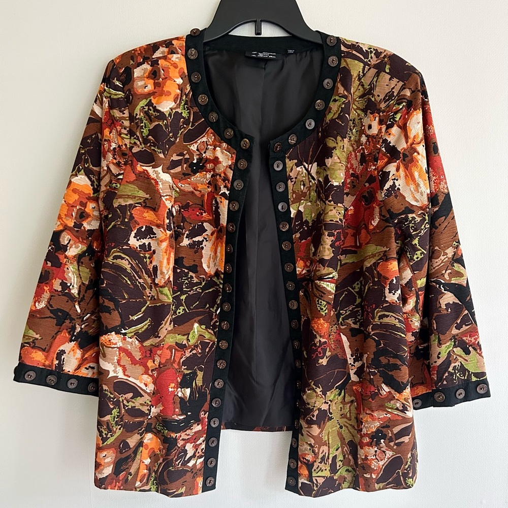 VINTAGE T RENZ Silk Embellished Earthy Shrug Boxy Layer Art To Wear Office Sz 1X - Picture 3 of 13